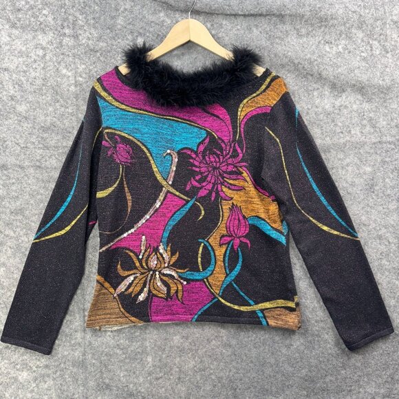 Ruby Cho Top Womens M Silk Blend Fur Collar Metallic Sequin Formal Floral Artsy - Picture 1 of 9